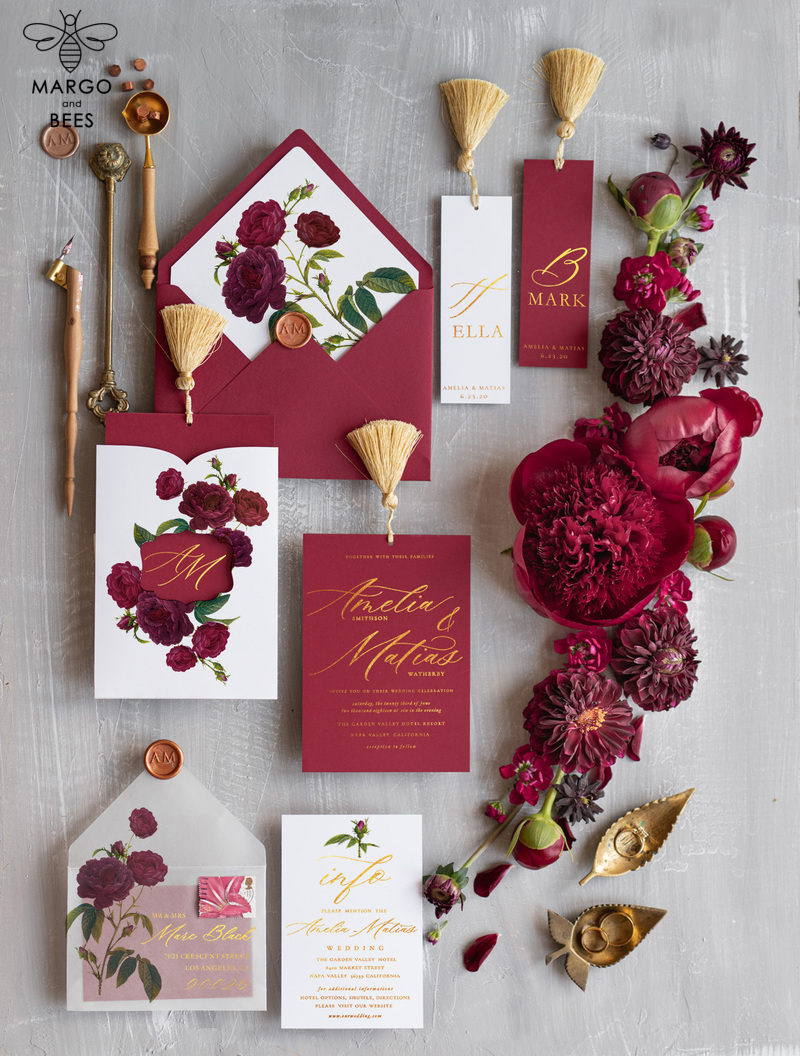 Marsala wedding invitation Suite, Luxury Indian Red and Gold Wedding Cards, Pocket Wedding Invites with gold Tassel-4