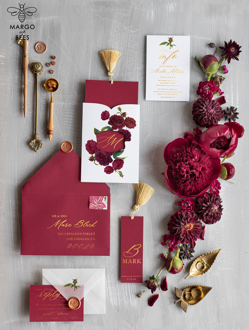 Marsala wedding invitation Suite, Luxury Indian Red and Gold Wedding Cards, Pocket Wedding Invites with gold Tassel-5