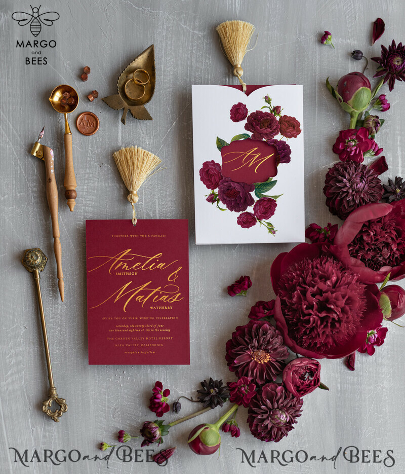 Luxury Arabic Wedding Invitation Suite, Golden Shine Wedding Invitations, Glamour Burgundy Indian Wedding Cards, Floral Pocket Wedding Invites With Gold Tassel-2