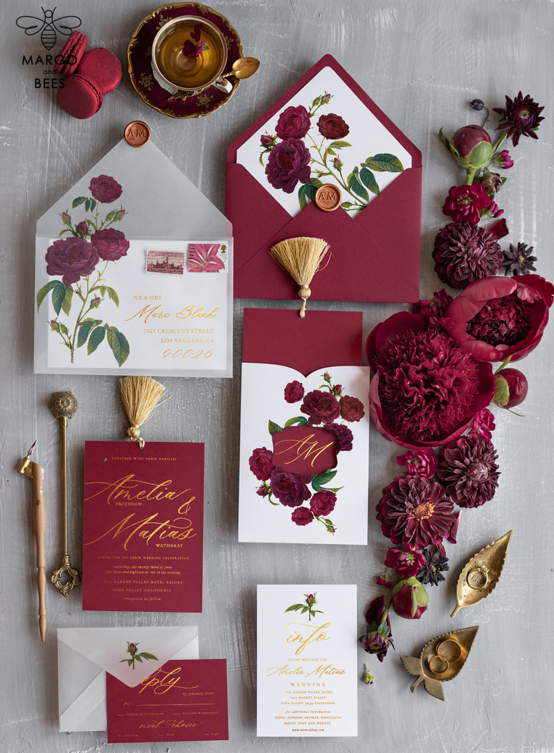 Marsala wedding invitation Suite, Luxury Indian Red and Gold Wedding Cards, Pocket Wedding Invites with gold Tassel-0