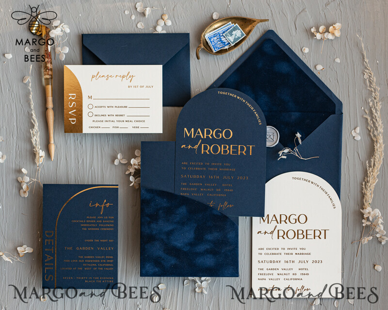 Elegant Arch Wedding Invitations: Navy Blue Velvet Pocket with Dark Blue and Gold Modern Wedding Invitation Suite-1