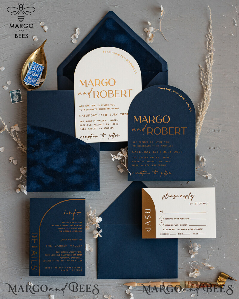 Elegant Arch Wedding Invitations: Navy Blue Velvet Pocket with Dark Blue and Gold Modern Wedding Invitation Suite-8