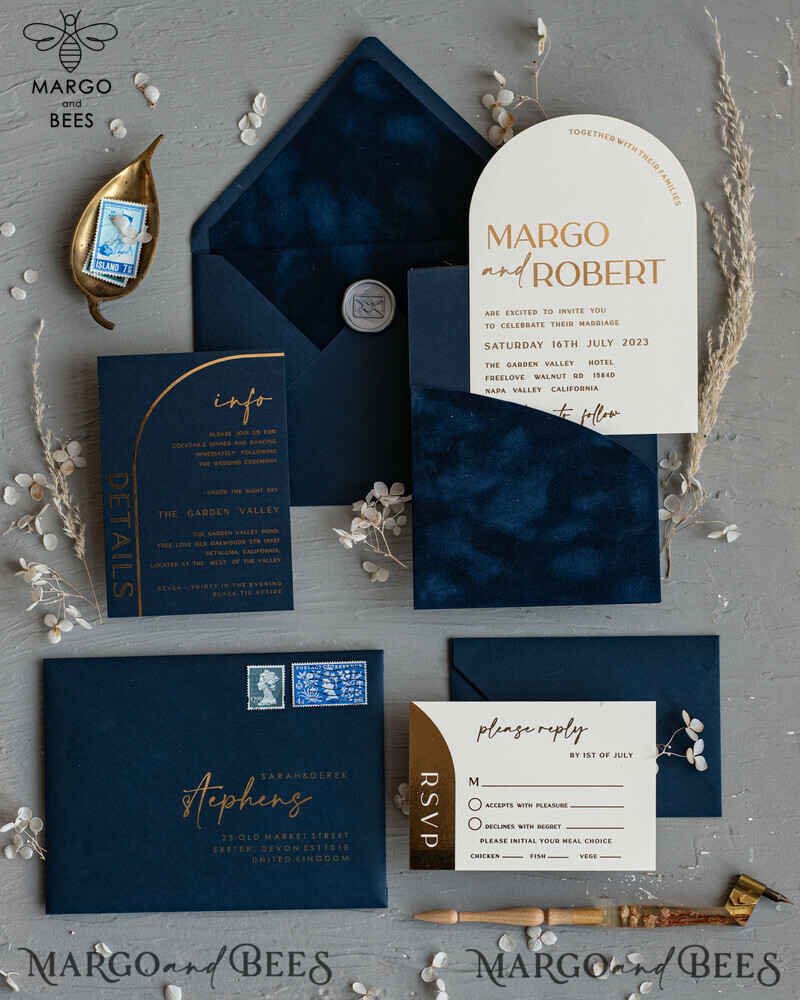 Elegant Arch Wedding Invitations: Navy Blue Velvet Pocket with Dark Blue and Gold Modern Wedding Invitation Suite-10