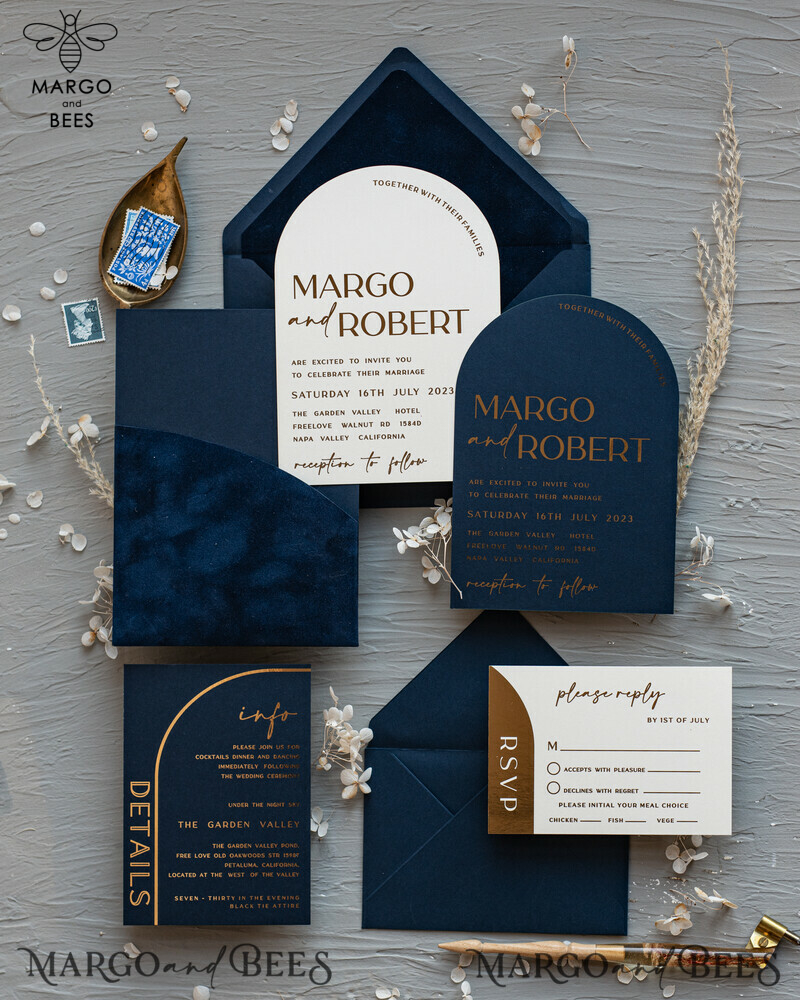 Elegant Arch Wedding Invitations: Navy Blue Velvet Pocket with Dark Blue and Gold Modern Wedding Invitation Suite-11
