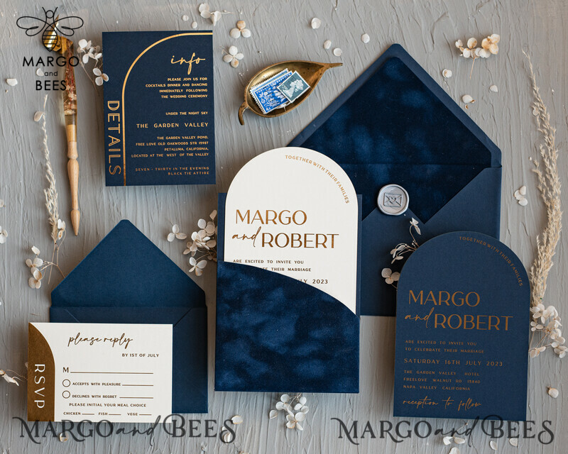 Elegant Arch Wedding Invitations: Navy Blue Velvet Pocket with Dark Blue and Gold Modern Wedding Invitation Suite-2
