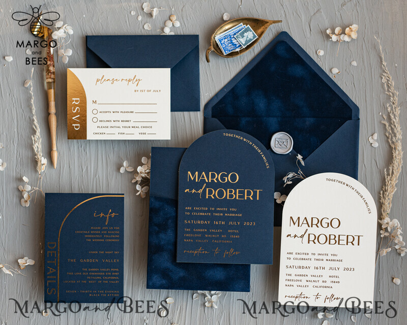 Elegant Arch Wedding Invitations: Navy Blue Velvet Pocket with Dark Blue and Gold Modern Wedding Invitation Suite-12