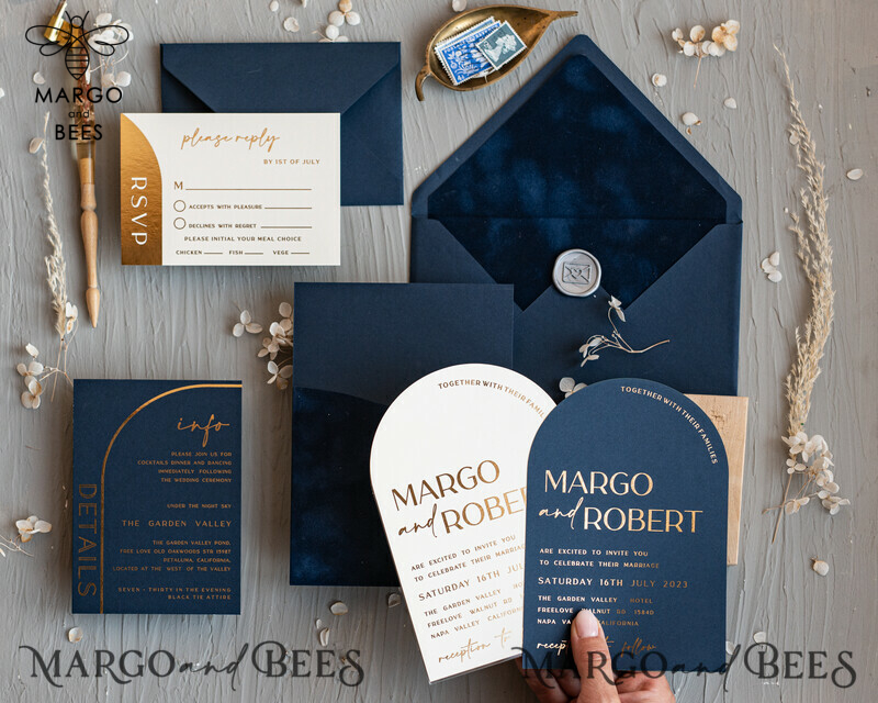 Elegant Arch Wedding Invitations: Navy Blue Velvet Pocket with Dark Blue and Gold Modern Wedding Invitation Suite-13