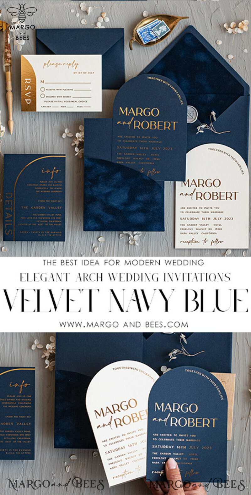 Elegant Arch Wedding Invitations: Navy Blue Velvet Pocket with Dark Blue and Gold Modern Wedding Invitation Suite-9