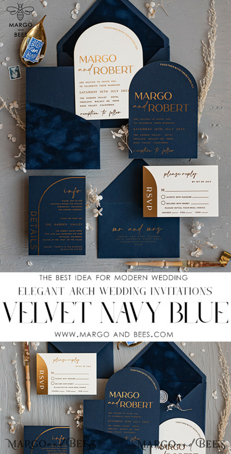 Elegant Arch Wedding Invitations: Navy Blue Velvet Pocket with Dark Blue and Gold Modern Wedding Invitation Suite-3
