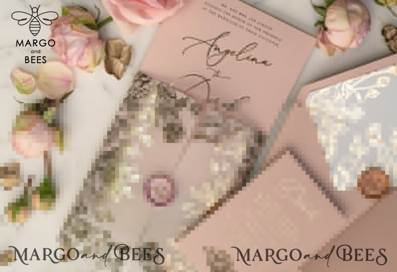 Luxurious Golden Wedding Invitations, Bespoke Blush Pink Wedding Invitation Suite, Elegant Vellum Gold Foil Wedding Cards, Glamour Wedding Invites-3