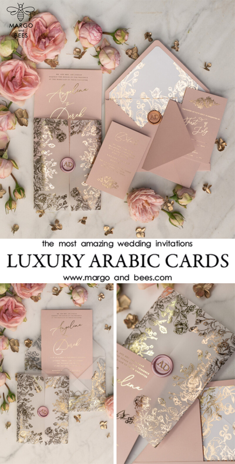 Luxurious Golden Wedding Invitations, Bespoke Blush Pink Wedding Invitation Suite, Elegant Vellum Gold Foil Wedding Cards, Glamour Wedding Invites-36