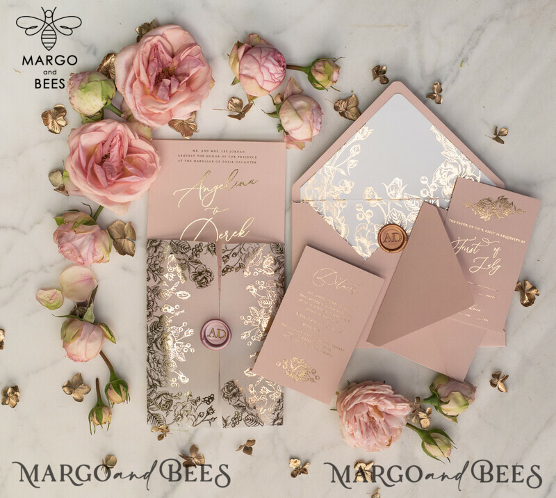 Blush Gold Wedding Invitations , Luxury Arabic Wedding Cards, Gold Vellum wrapping and wax seal Wedding stationery -0