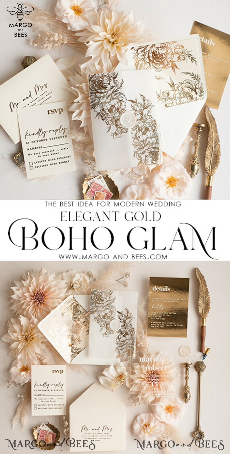 Elegant Gold Acrylic Wedding Invitation Suite with Boho Glam and Golden Shine Details-3