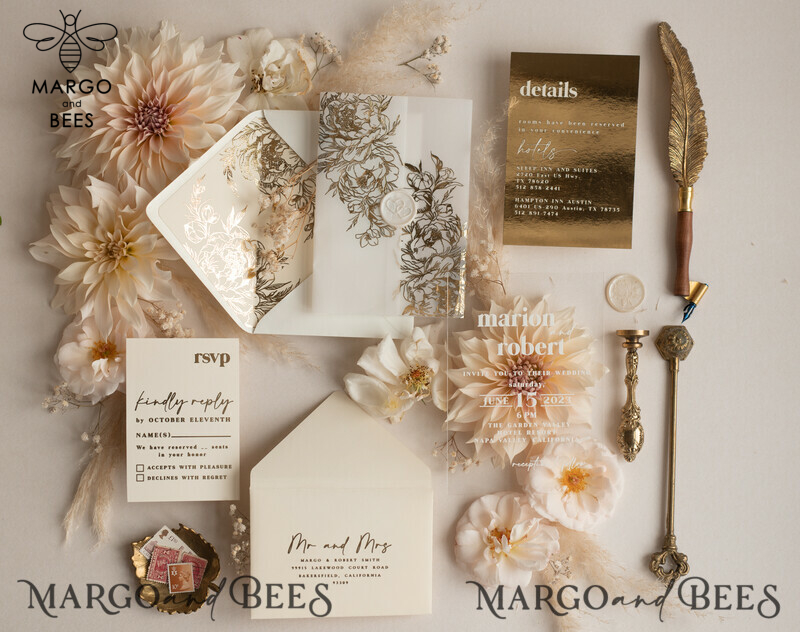 Elegant Gold Acrylic Wedding Invitation Suite with Boho Glam and Golden Shine Details-0