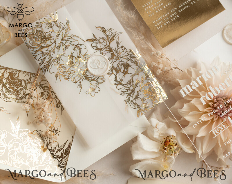 Elegant Gold Acrylic Wedding Invitation Suite with Boho Glam and Golden Shine Details-1