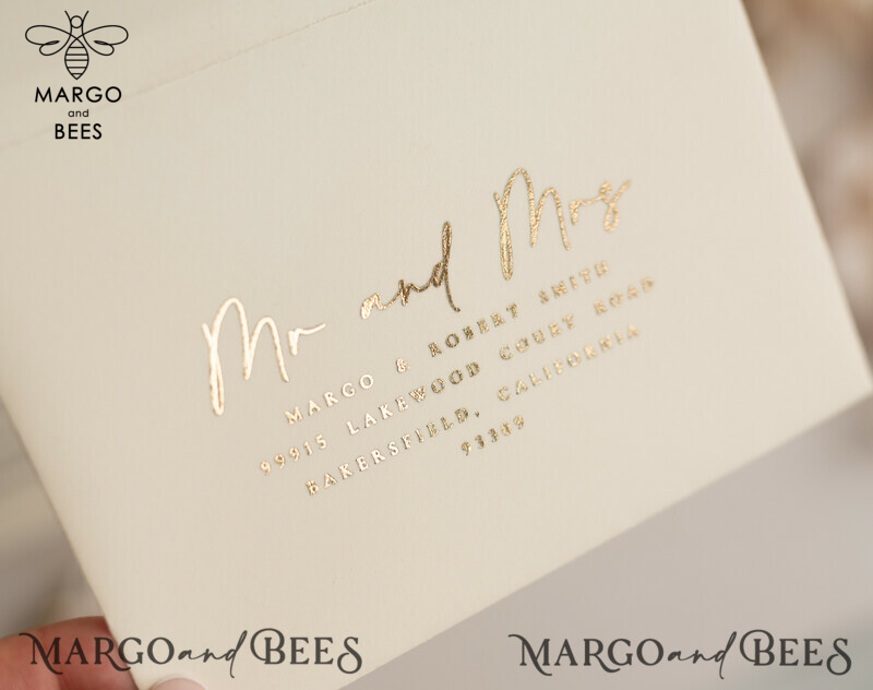 Elegant Gold Acrylic Wedding Invitation Suite with Boho Glam and Golden Shine Details-11