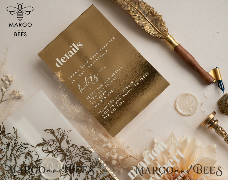 Elegant Gold Acrylic Wedding Invitation Suite with Boho Glam and Golden Shine-14