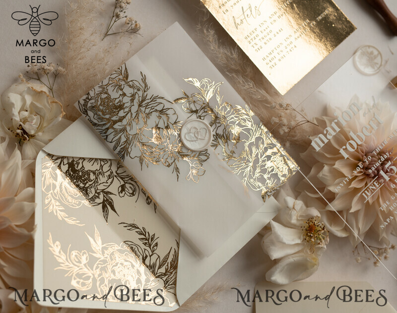 Elegant Gold Acrylic Wedding Invitation Suite with Boho Glam and Golden Shine Details-15