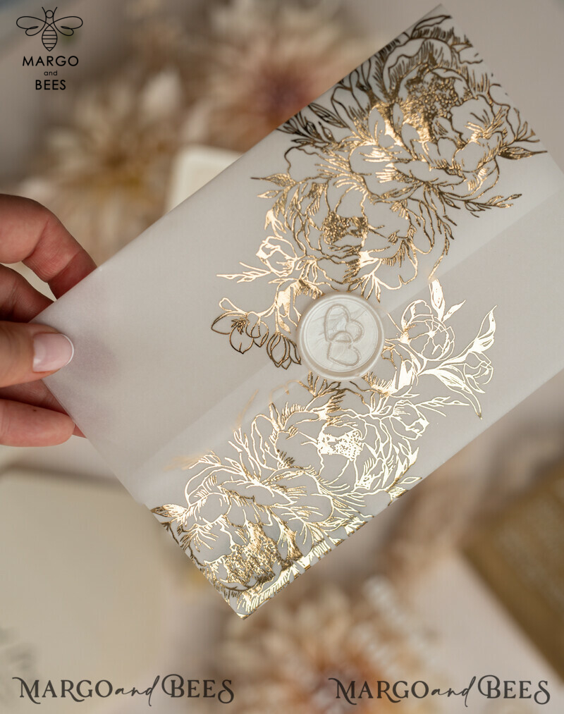 Elegant Gold Acrylic Wedding Invitation Suite with Boho Glam and Golden Shine Details-16