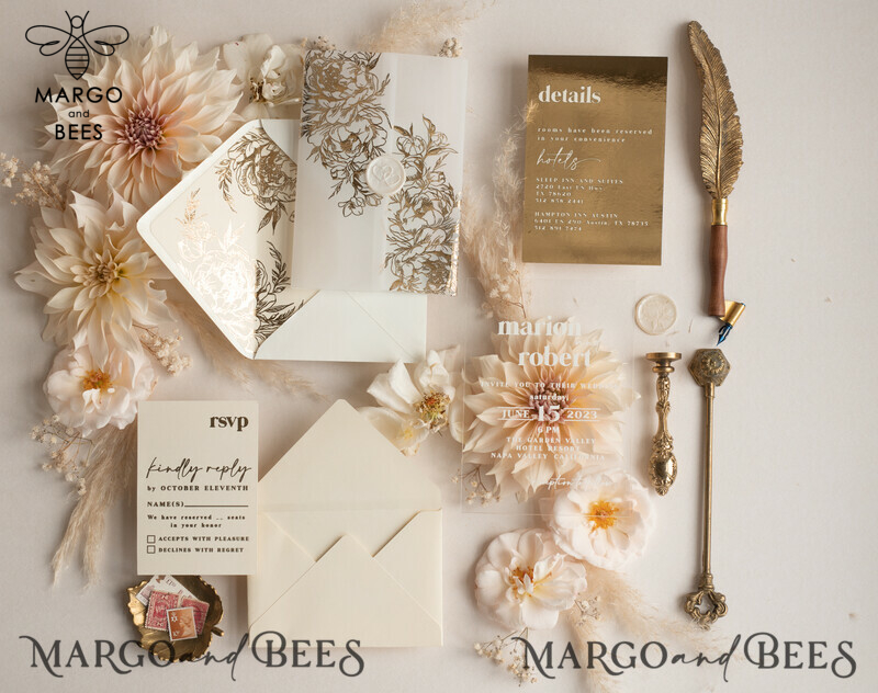Elegant Gold Acrylic Wedding Invitation Suite with Boho Glam and Golden Shine Details-17