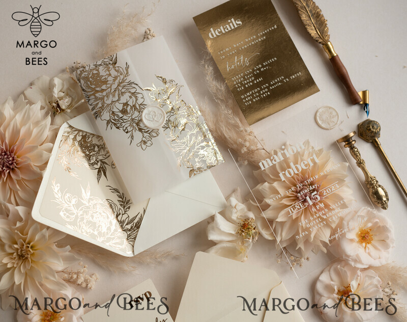 Elegant Gold Acrylic Wedding Invitation Suite with Boho Glam and Golden Shine Details-18