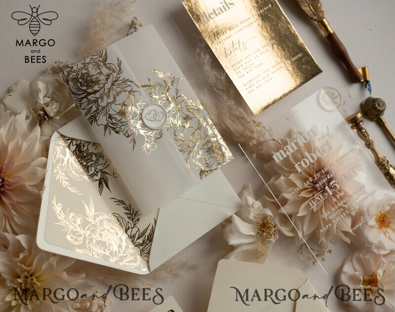 Elegant Gold Acrylic Wedding Invitation Suite with Boho Glam and Golden Shine Details-19