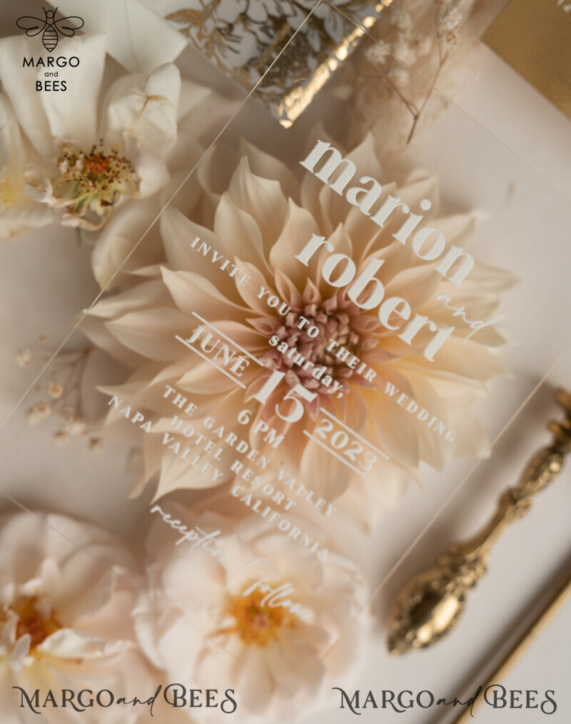 Elegant Gold Acrylic Wedding Invitation Suite with Boho Glam and Golden Shine Details-2