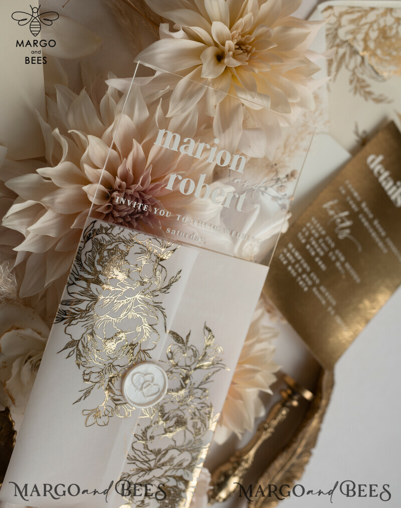 Elegant Gold Acrylic Wedding Invitation Suite with Boho Glam and Golden Shine Details-21