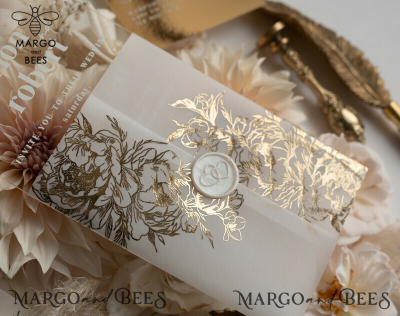 Elegant Gold Acrylic Wedding Invitation Suite with Boho Glam and Golden Shine Details-22