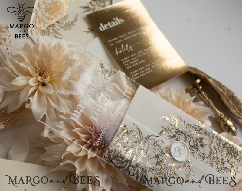 Elegant Gold Acrylic Wedding Invitation Suite with Boho Glam and Golden Shine Details-23