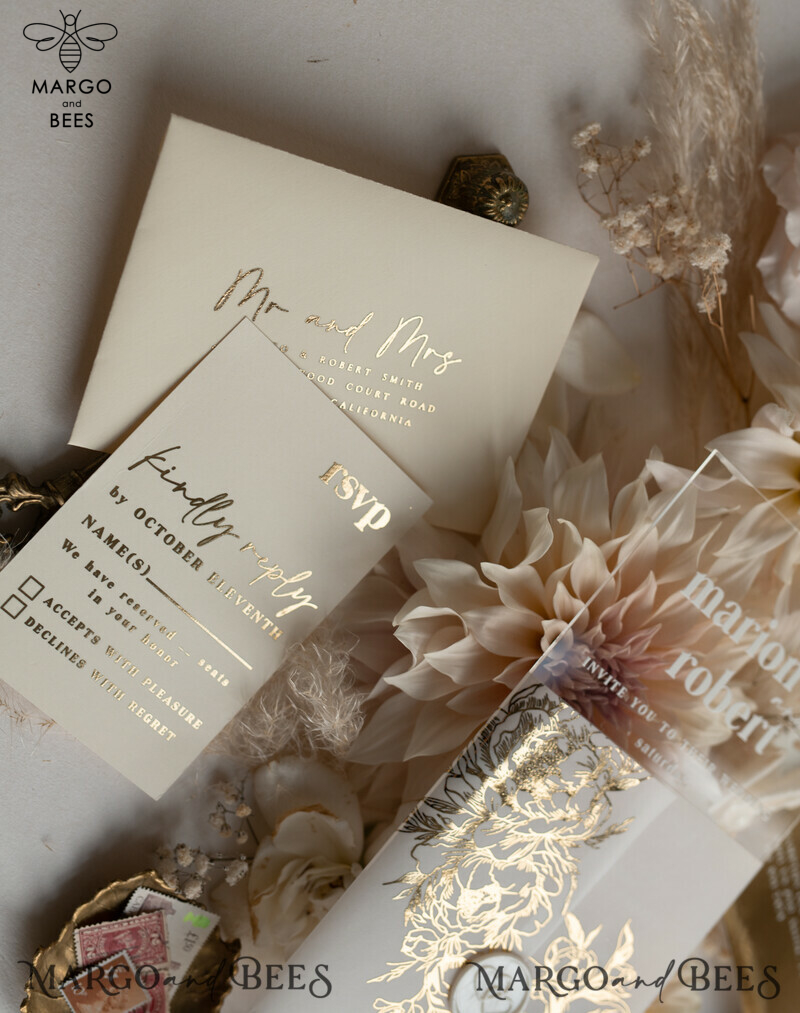 Elegant Gold Acrylic Wedding Invitation Suite with Boho Glam and Golden Shine Details-24