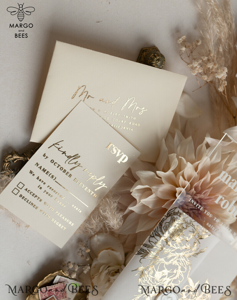 Elegant Gold Acrylic Wedding Invitation Suite with Boho Glam and Golden Shine Details-25