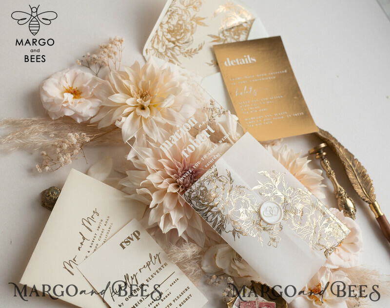 Elegant Gold Acrylic Wedding Invitation Suite with Boho Glam and Golden Shine Details-26