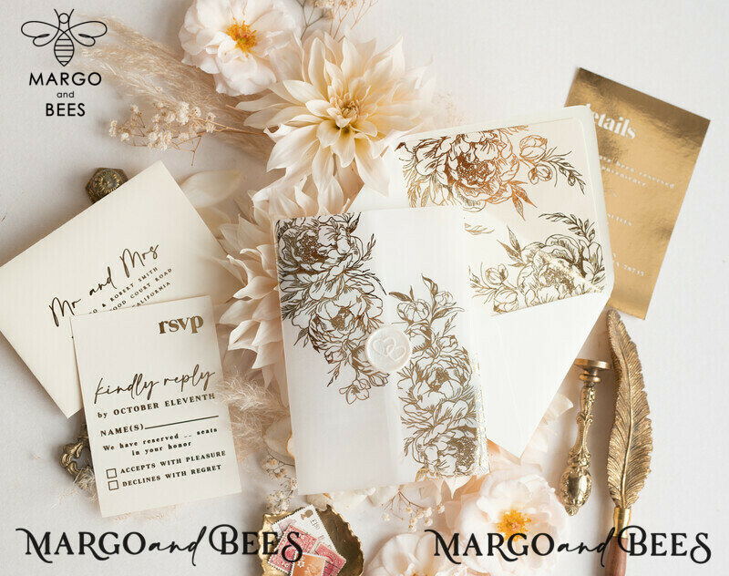 Elegant Gold Acrylic Wedding Invitation Suite with Boho Glam and Golden Shine Details-27