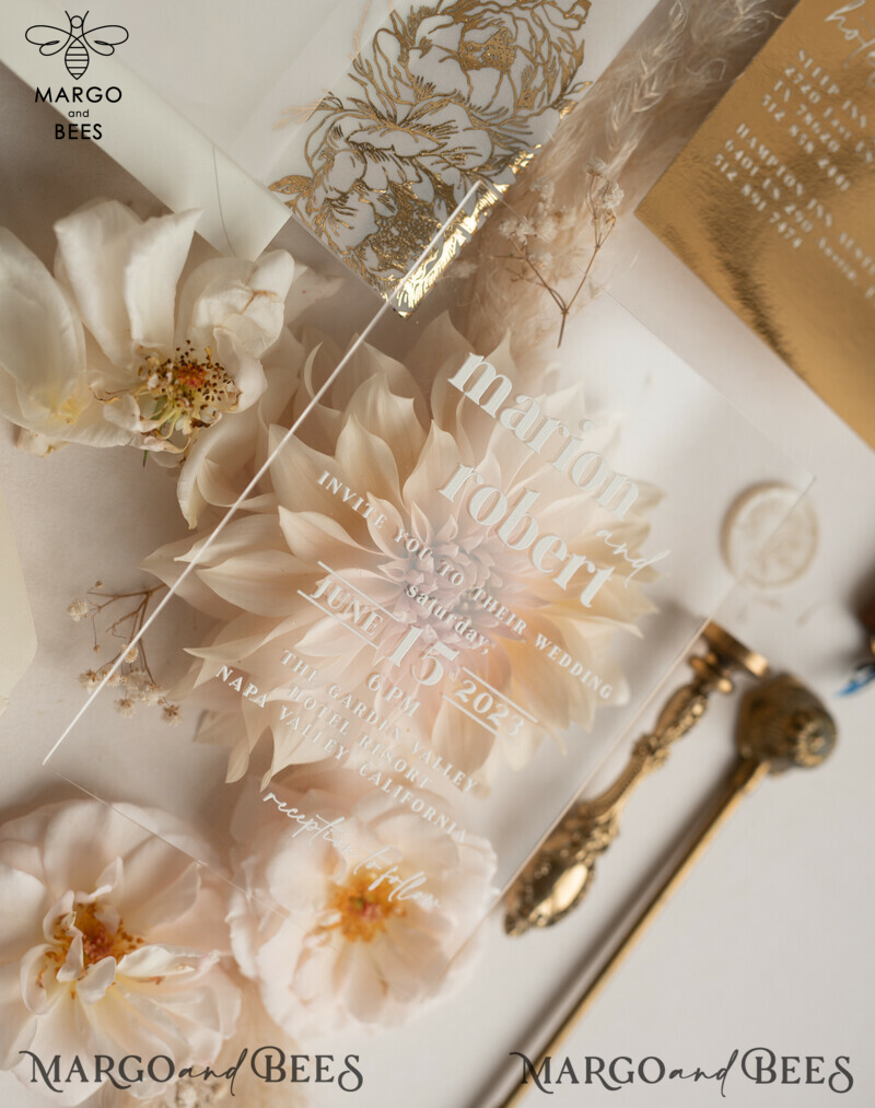 Elegant Gold Acrylic Wedding Invitation Suite with Boho Glam and Golden Shine-4