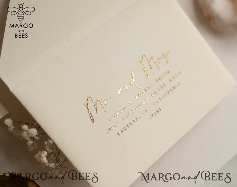 Elegant Gold Acrylic Wedding Invitation Suite with Boho Glam and Golden Shine Details-5