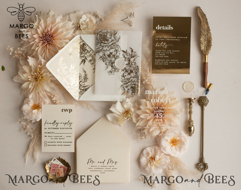 Elegant Gold Acrylic Wedding Invitation Suite with Boho Glam and Golden Shine Details-7