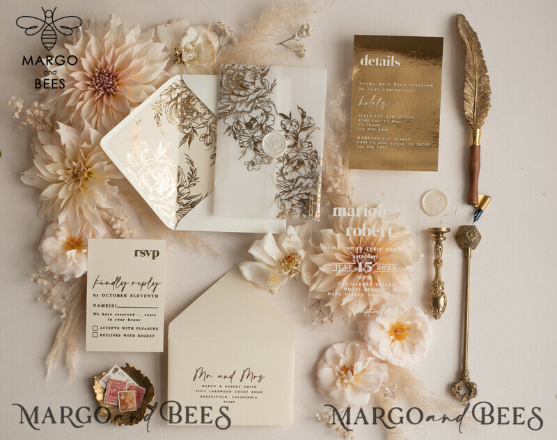 Elegant Gold Acrylic Wedding Invitation Suite with Boho Glam and Golden Shine Details-8