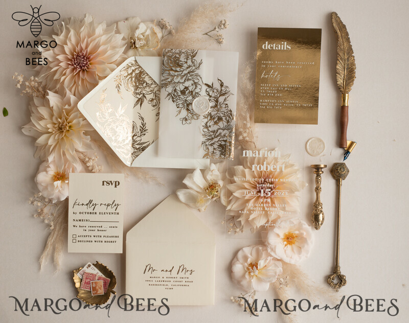 Elegant Gold Acrylic Wedding Invitation Suite with Boho Glam and Golden Shine Details-9
