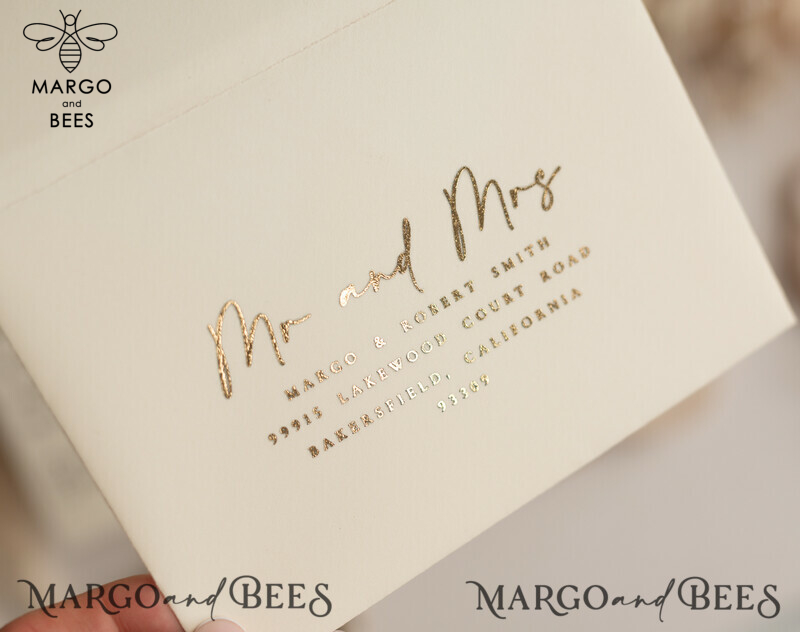 Elegant Gold Acrylic Wedding Invitation Suite with Boho Glam and Golden Shine Details-10