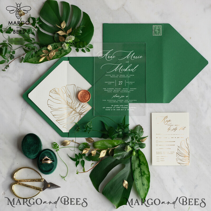 Luxury Bespoke Green Acrylic Wedding Invitations with Glamour Greenery Gold Accents: Golden Monstera Wedding Invitation Suite-0