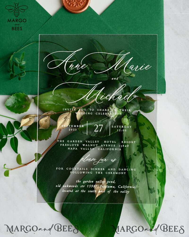 Luxury Bespoke Green Acrylic Wedding Invitations with Glamour Greenery Gold Accents: Golden Monstera Wedding Invitation Suite-2