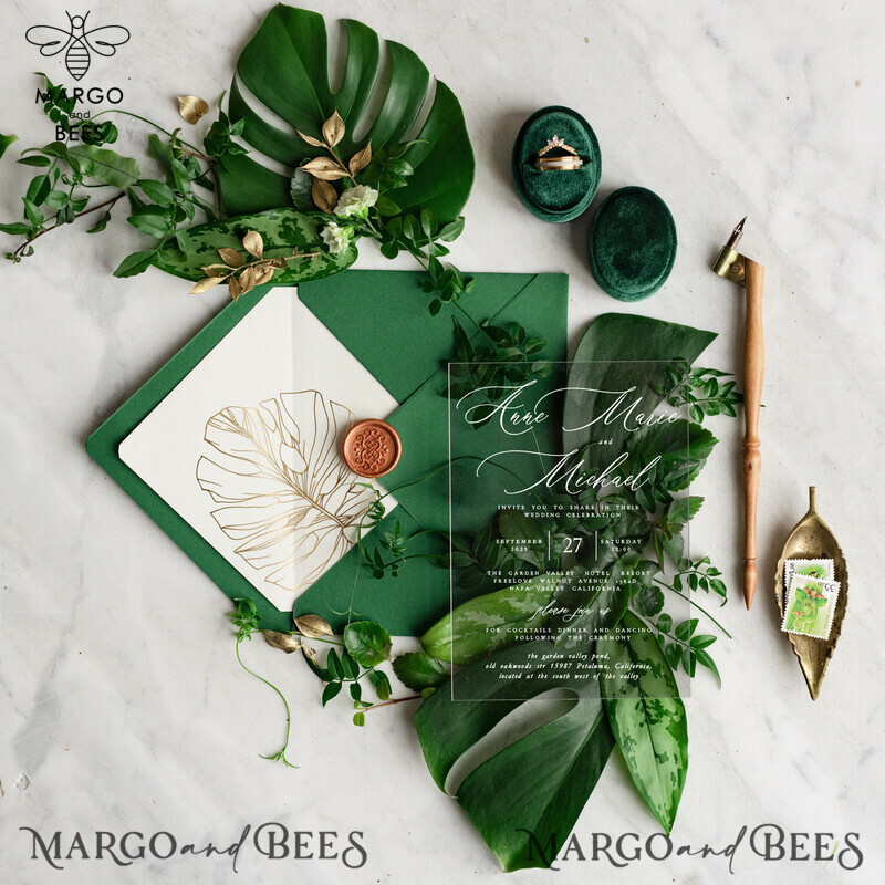 Luxury Bespoke Green Acrylic Wedding Invitations with Glamour Greenery Gold Accents: Golden Monstera Wedding Invitation Suite-1