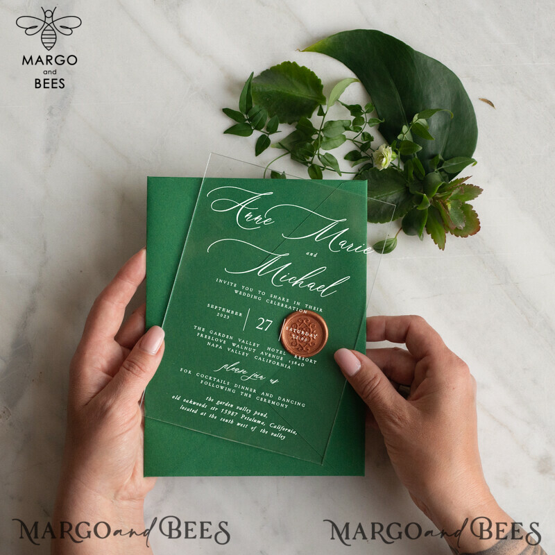 Luxury Bespoke Green Acrylic Wedding Invitations with Glamour Greenery Gold Accents: Golden Monstera Wedding Invitation Suite-3