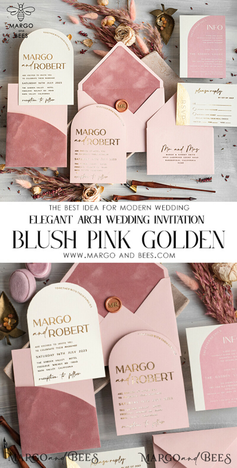 Elegant Blush Pink and Gold Arch Wedding Invitation Suite with RSVP Velvet Pocket - Modern and Luxurious Blush Pink Wedding Cards-10