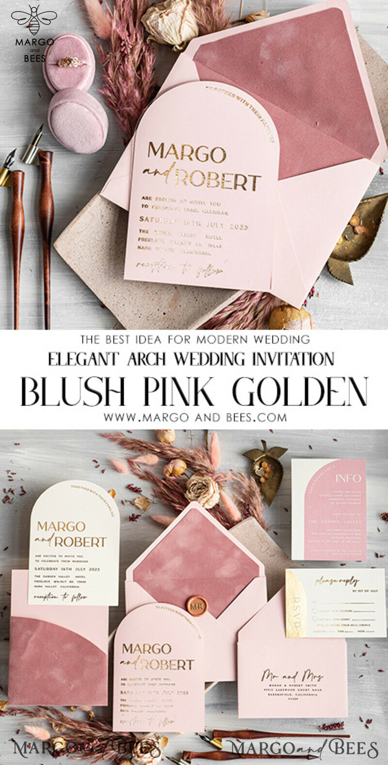 Elegant Blush Pink and Gold Arch Wedding Invitation Suite with RSVP Velvet Pocket - Modern and Luxurious Blush Pink Wedding Cards-3