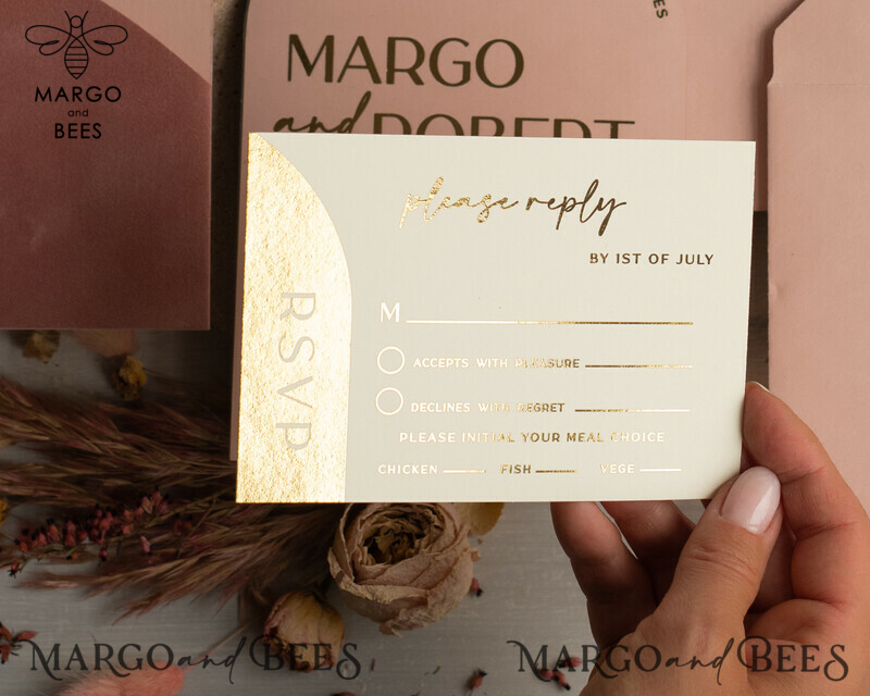 Elegant Blush Pink and Gold Arch Wedding Invitation Suite with RSVP Velvet Pocket - Modern and Luxurious Blush Pink Wedding Cards-15