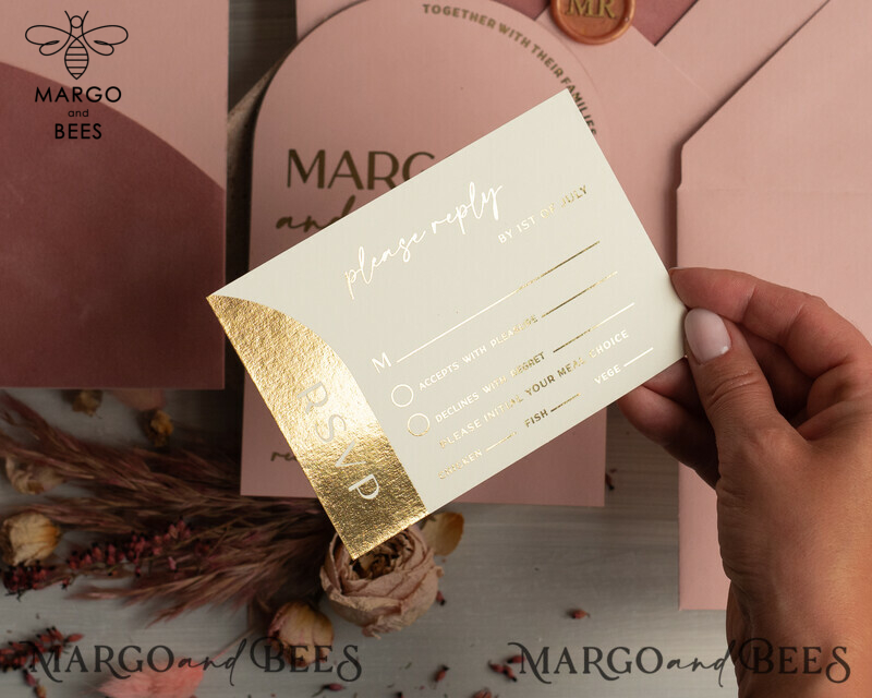 Elegant Blush Pink and Gold Arch Wedding Invitation Suite with RSVP Velvet Pocket - Modern and Luxurious Blush Pink Wedding Cards-16