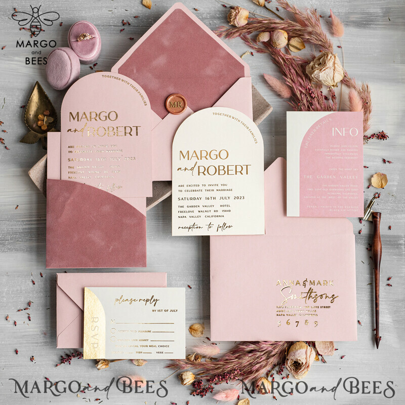 Elegant Blush Pink and Gold Arch Wedding Invitation Suite with RSVP Velvet Pocket - Modern and Luxurious Blush Pink Wedding Cards-5