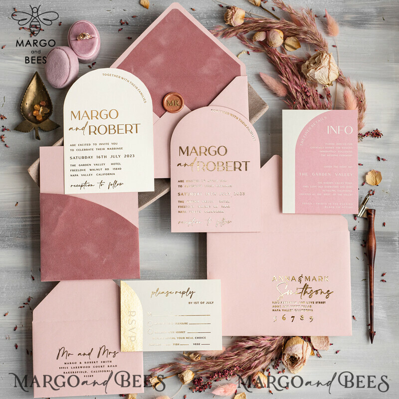 Elegant Blush Pink and Gold Arch Wedding Invitation Suite with RSVP Velvet Pocket - Modern and Luxurious Blush Pink Wedding Cards-4